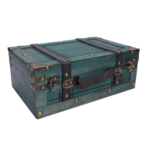 ciciglow Wooden Decorative Trunk, Treasure Chest Box Portable Vintage Essentials Storage Suitcase with PU Leather Handle for Jewelry, Photography Prop (1624C-01 Green)