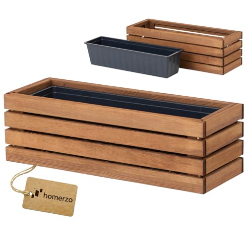 HOMERZO Jardinière en bois rectangulaire – brun imprégné, avec insert en plastique amovible – Pot de fleurs pour balcon, jardin et terrasse (Horizontal-brun, 65x23 H20)