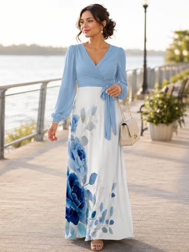 Image of PinkPatty Plus Size Dresses for Curvy Women V Neck Flowy Long Sleeves Wrap Maxi Dress Travel Vacation Outfits