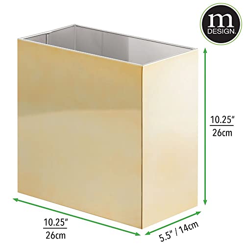 Image of mDesign Small Steel Rectangular 2.4 Gallon /9.1 Liter Trash Can, Waste Basket for Bathroom, Bedroom, Home Office - Holds Garbage, Recycling, Household Items - Linn Collection - Soft Brass