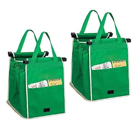 2Pack Reusable Shopping Trolley Bags Grab and Go Bag Collapsible Grocery Tote Bags with Handles, Clip on Shopping Cart As Seen On TV