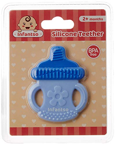 Image of Infantso Non-Toxic Food-Grade Silicone Baby Teether, BPA-Free for Pain-Relief Easy Teething, for 2+ Months Babies (Blue Bottle)