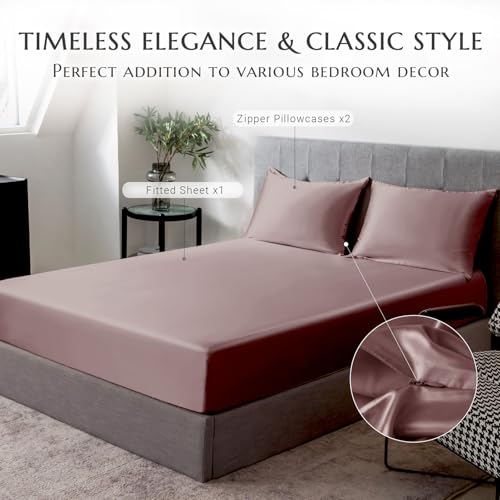 THXSILK 100% Mulberry Silk Fitted Sheet Set, 7A+ Silk 3 Pieces Bed Sheets, Breathable, Smooth, 16 Inch Deep Pocket Fitted Sheet, 2 Pillowcases - Purple, Full - Image 3