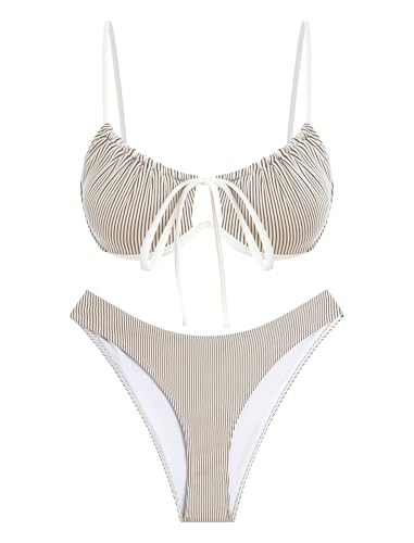 Image of ZAFUL Women High Cut Bikini Sets String Sexy Swimsuit Two Piece Underwire Bathing Suit Brazilian Cheeky Cut Out Cute Swimwear