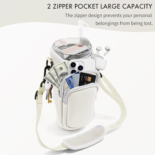 Image of Water Bottle Carrier Bag with Phone Pocket for Stanley Cup 40 /30 oz, Water Bottle Holder with Adjustable Strap& Straw Cover, Stanley Cup Accessories (White)