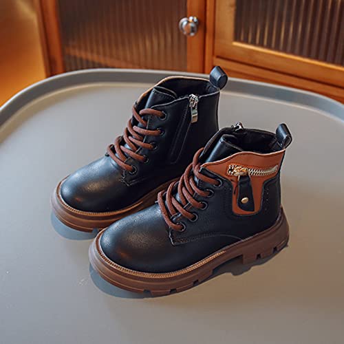 Girls Lace Up Ankle Boots, Girls Leather Shoes Waterproof Leather Short Boots Non Slip Breathable Nude Snow Boots (Black, 11-11.5 Years Big Kids)3