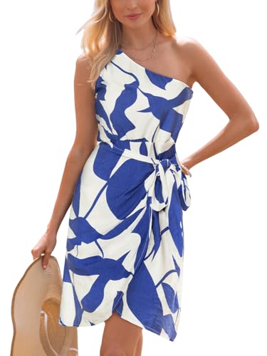 Image of CUPSHE Women's One Shoulder Leaf Print Self-tie Short Dress Sleeveless Tiered Hem Formal Dress Casual Mini Dress