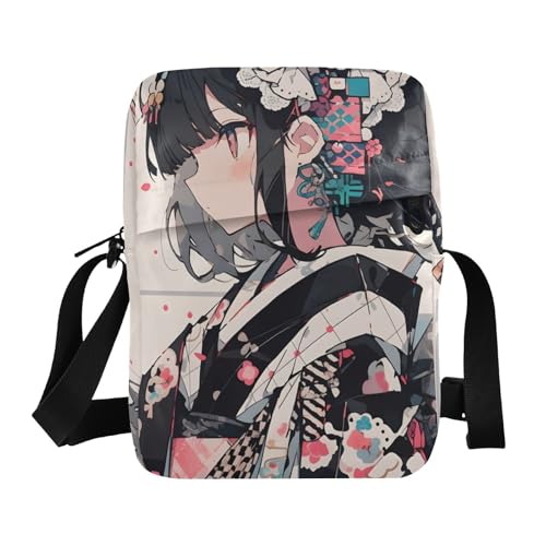 Anime Samurai Maid Sling Bag Zipper Closure Compact Crossbody Bags with Card Phone Passport Compartment for Women Men 6.6×9.4×2.5 inches