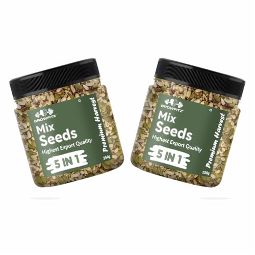Image of Growfitz 5-in-1 Super Seed Mix | Pack of 2 (250g Each)| 20.5g High Protein & Fiber | Roasted Pumpkin, Sunflower, Flax, Chia, Soy Nuts & Sesame | Healthy Snack | Export Quality Superfood