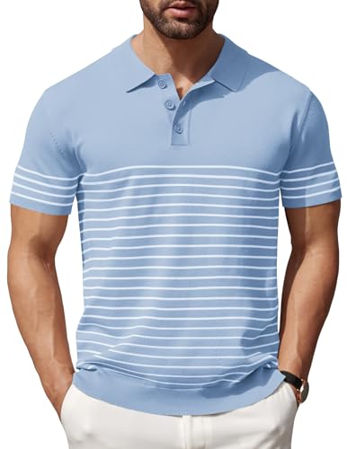 La mejor comparación de Prendas de punto para Hombre al mejor precio. 47 COOFANDY - Polo de punto para hombre, de manga corta, a rayas, para golf, ligera, informal, con cuello, Azul claro (rayas blancas), M