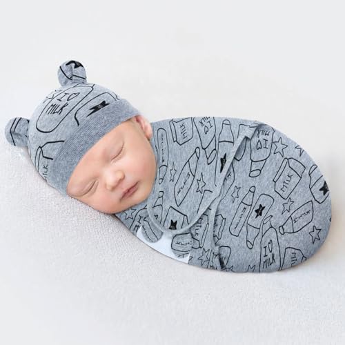 Image of Cinaci 2 Pack Adjustable Soft Cotton Blend Newborn Baby Receiving Swaddle Blankets Sleep Sacks with Nursery Hats Caps Beanies Bonnets for Baby Girls Boys Newborns Infants