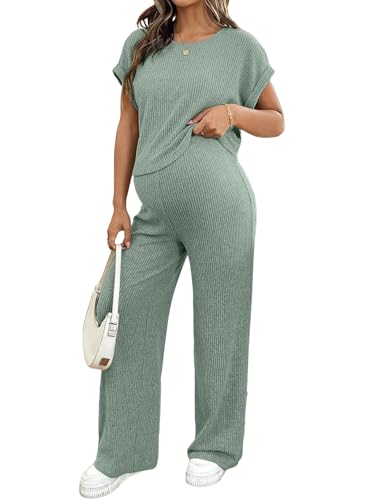 BLENCOT Womens Casual Maternity Clothes 2 Piece Matching Outfits Set Ribbed Knit Short Sleeve Top and Pants Pajamas Sets Sleepwear Green L