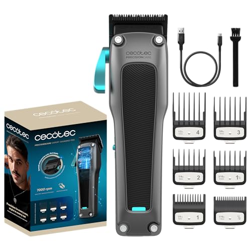 Cecotec Cortapelos a Batería con Motor Brushless PrecisionCare Expert Diamond Pro. 7000rpm, Cuchilla DLC de Diamante Negro, 6 Peines Guía, Ajuste de Longitud 0.8-2mm, Autonomía 2,5h