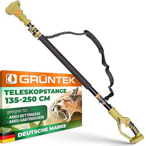 GRÜNTEK Teleskop Verlängerungsstange für Akku Kettensäge, Akku Astschere, Elektrische Gartenschere, Teleskop Verlängerung 135-250 cm, Kopf-Winkel 6-fach verstellbar, Schultergurt, leicht, robust