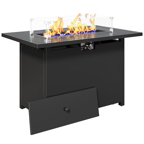 FansaFurn 43'' Propane Fire Pit Table, 50000 BTU Gas Fire Pits Table with Removable Lid and Lava Rock, Rectangular Fire Table with Cover, Ideal for Dining or Party on Patio, Garden, Yard, Black