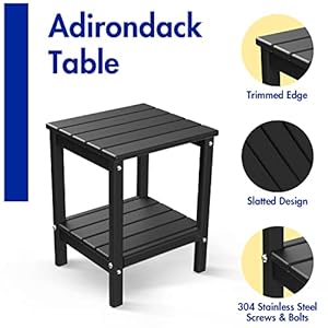 Adirondack side table hdpe weather resistant outdoor table 2 shelf plastic end table for poolside indoor outside front porch living room patio backyard campfire 14 x 13 inch black  urban country home decor