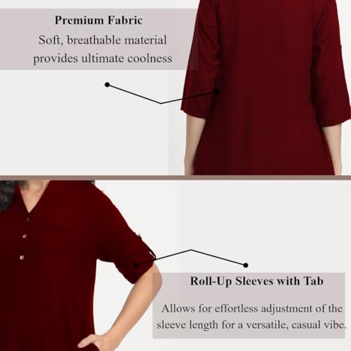 Image of Women's Roll-Up Sleeve Tunic Top, V-Neck with Button Front, Side Pockets, Rayon Short Kurti