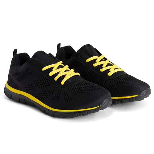 Get Fit Men’s Lightweight Cushioned Trainers - Breathable Mesh Gym Running Shoes - Comfortable Lace-Up Athletic Sneakers, Shock-Absorbing Non-Slip Sole - Black/Yellow - 12