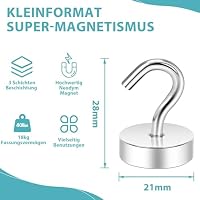 Neosmuk Magnethaken,18kg Magnet Haken Extra Stark für Spind Organizer,Neodym Magnete,Haken Magnetisch Sehr Stark für Werkstatteinrichtung,Heckzelt,Grill,Kleiderhaken,Silber – Ansicht 6