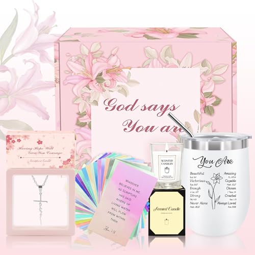 Christian Gifts for Women, Inspirational Gift for Women with Scripture Cards, Cross Necklace, Religious Gift for Thanksgiving, Easter, Birthday, Spiritual Gifts for Woman, Mom, Sister (Pink)