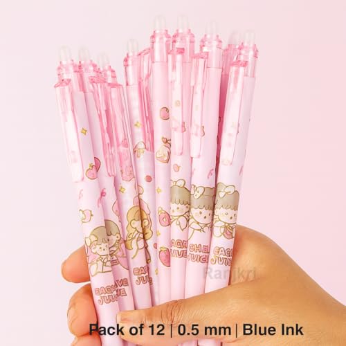 Image of Erasable Gel Pens Pack of 12 | 0.5 mm Fine Tip Blue Ink | Cute Cartoon Design | Smooth Writing Heat Erase Pens for School, Students, Kids & Office Use