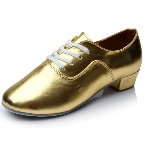 Zapatos de baile latino para hombre, zapatos latinos para salón, tango, jazz, danza, rendimiento, suela de piel suave, zapatos cuadrados modernos (dorado, 44)
