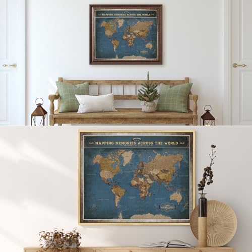 Image of DECORARTS - Personalized World Travel Map with Pins, Custom Name, Pin Board Canvas Wall Art, Modern Navy Blue World Decor, Optional Wood Frame, Giclee Print, Handcrafted in USA, 20x16''