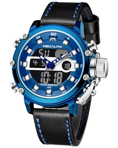 MEGALITH Reloj Hombre Digital Militar: Deportivo Esfera Grande Reloj de Pulsera con Correa de Cuero Negro   Cronómetro LED Alarma Impermeable para Correr Outdoor Casual