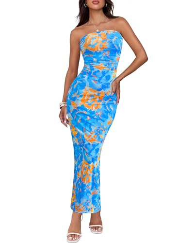BTFBM Women's Floral Maxi Dresses Summer 2025 Strapless Tube Bodycon Mesh Layered Cocktail Party Wedding Guest Dress