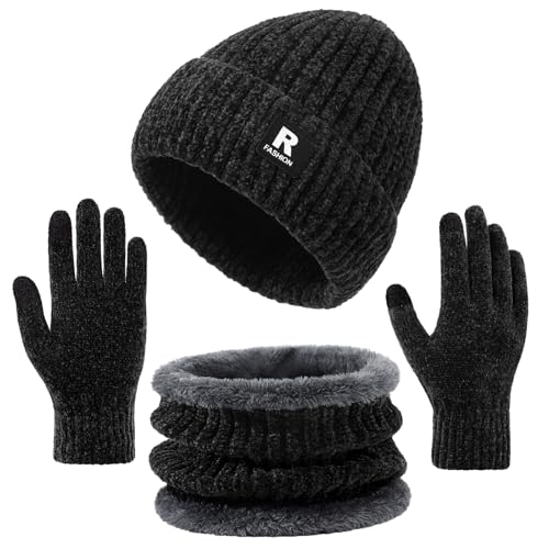 Winter Beanie Hat Circle Scarf Gloves Set for Men Women Thick Warm Chenille Skull Cap Touchscreen Gloves Neck Warmer
