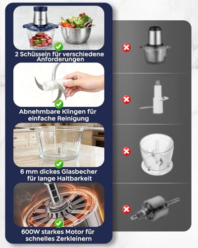 Bear 2L+1.8LFleischwölfe Zerkleinerer Elektrisch, Glas+Edelstahl，600W 2 Geschwindigkeit, Häcksler mit 4-Edelstahlklingen und Fleischwolf, Chopper für Fleisch,Babynahrung,Obst,Gemüse