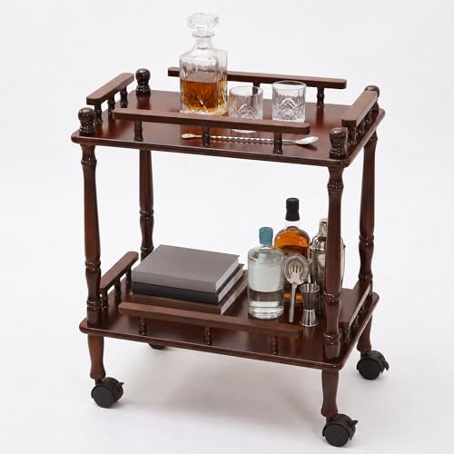 Wiz Conal Small Rolling Cart Wood Side Table 2 Tier Kitchen Storage Trolley Compact Serving Cart for Narrow Spaces Sofa Couch Bedside Dark Brown