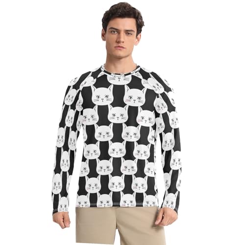 Bulletgxll White Cat Faces Men's Sun Protection Shirts UPF 50+ Long Sleeve UV Rash Guard Quick Dry Swim Shirts