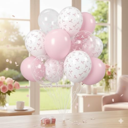 Image of AFTERLOON Biodegradable Natural Rubber Latex 35 pcs Pastel Pink Clear White with Small Ribbon Bow Printed 12 Inch Set, Plastic-Free Alternative Thickened Extra Strong Latex Helium Float Garland Arch