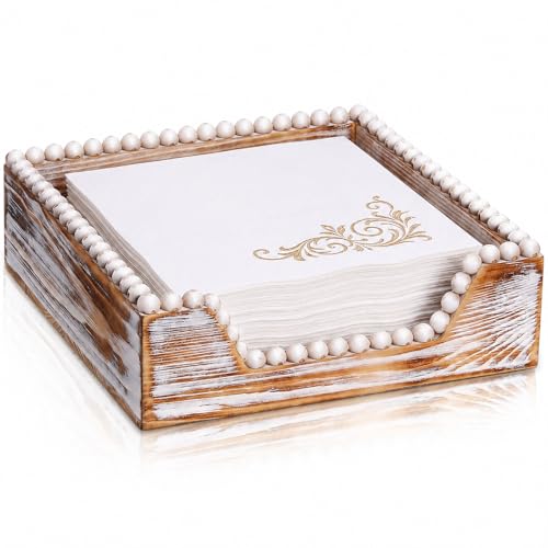 Sawysine Farmhouse Wood Napkin Holder with Beads Boho Rustic Distressed Flat Square Table Paper Cocktail Napkin Holder Tray for Bathroom Kitchen Dining Tabletop Decor(Distressed White,7.36'')