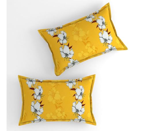 Image of Cotton Feel Glace Cotton Elastic Fitted All Around Elastic Printed King Size Double Bed Bedsheet with 2 Pillow Cover (72 inchx78 inch Yellow Floral)