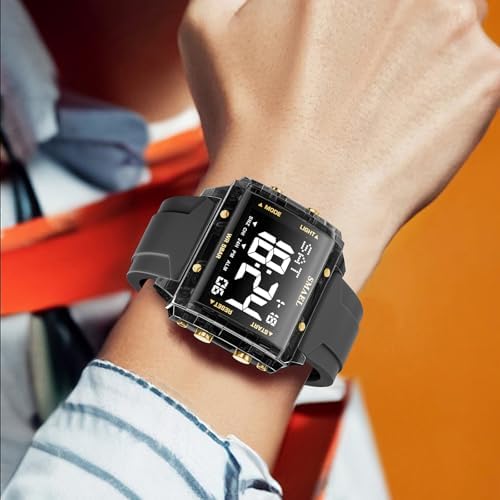 KXAITO Digital Sports Watch, Square Case 44mm, LED Night Light Display, 5ATM Waterproof, Silica Gel Band, Alarm Chronograph Stopwatch, Gift (Black Gold) — view 2