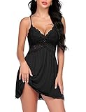 Lucyme Negligee für Damen Nachtwäsche Sleepwear Nachtkleid mit Spitzendetails,Schwarz,XXL
