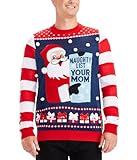 Tipsy Elves Men's Ugly Christmas Sweaters - Funny and Tacky Embellished Christmas Sweaters for Men - Navy Blue Your Mom Made The List Christmas Sweater with Attached Pompoms and Ribbons Size Large