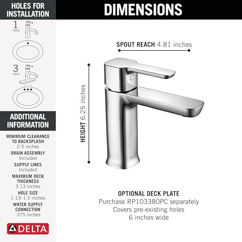 Image of Delta Modern Chrome Bathroom Faucet 1 Hole, Single Hole Bathroom Sink Faucet for Vanity, Push-Pop Drain Assembly, Chrome 581LF-GPM-PP
