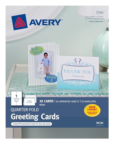 Avery Printable Quarter-Fold Greeting Cards, Envelopes Included, 4.25' x 5.5', Matte White, Inkjet Printer Compatible, 20 Blank Cards Total, Great for Product Branding, Marketing, and More (3266)