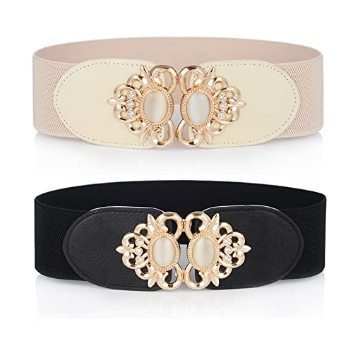 PIIKNUO Cinturón Elástico Mujer Ancho Elegante Cinturones de Mujer Anchos Cinturón Delgado de Muje Cinturón Ancho Mujer Vintage Hebilla Metálica para Camisa Vestidos Pantalones Vestidos de Noche 2Pcs Cover