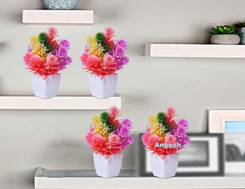 Image of Anuash Artificial Flower with Pot for Home Decor - 10 cm (Set of 4) | Faux Flower Plant, Showcase Decoration Potted Plants | Ideal for Living Room, Bedroom, Office Desk & Festive Decoration