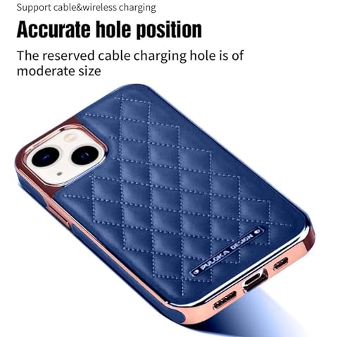 Image of PULOKA iPhone 14 Vegan Leather Back Cover Royal Diamond Pattern with Electroplated Case Compatible for Apple iPhone 14 6.1 inchinch - Blue