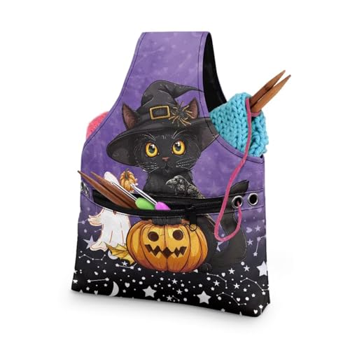 Image of KUIFORTI Cat Yarn Bag, Pumpkin Knitting Crochet Bag, Ghost Yarn Storage Bag Organizer, Halloween Gifts for Women Wrist Bag, Yarn Tote Bags for Crocheting, Holding Yarn, Knitting Needles, Small Size
