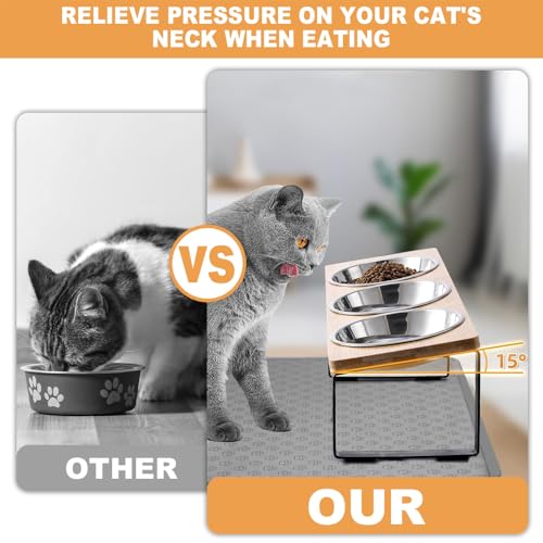 Duscdesp 3er Set Katzennapf Erhöht, Futternapf Katze aus Edelstahl mit Metall Ständer Fressnapf Hund mit Bambus und Napfunterlage, 15° Gekippte Ergonomischer Futterstation für Katzen und Kleine Hunde