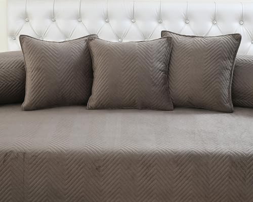 Image of Luxury Velvet Diwan Bedsheet with 5 Cushion Covers and 2 Bolster Covers - Designer Sofa DiwanCover Set for Living Room Set (1+2+5) (Coffee)