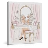 Pink Fashion Woman Vanity Wall Art Print - Charming Lady Canvas Picture Painting - Girly Wall Decor for Makeup Room Dressing Room Dorm 8x10 Inch Framed