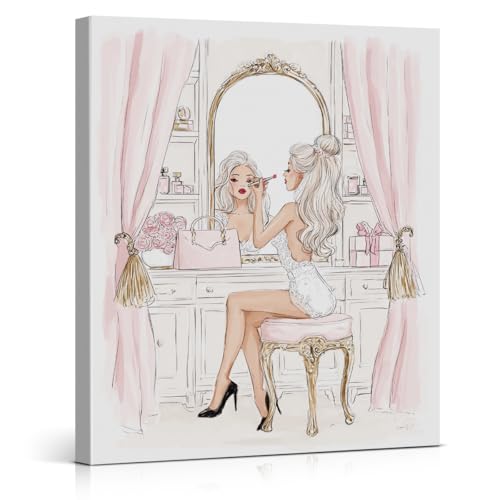 Pink Fashion Woman Vanity Wall Art Charming Lady Canvas Print Framed