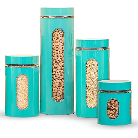 Venoly Stainless Steel Food Storage Canisters For Kitchen | 4 Piece Set of Airtight Kitchen Canisters | BPA-Free and Food Grade Safe Canister Set | See Through Glass Countertop Cover